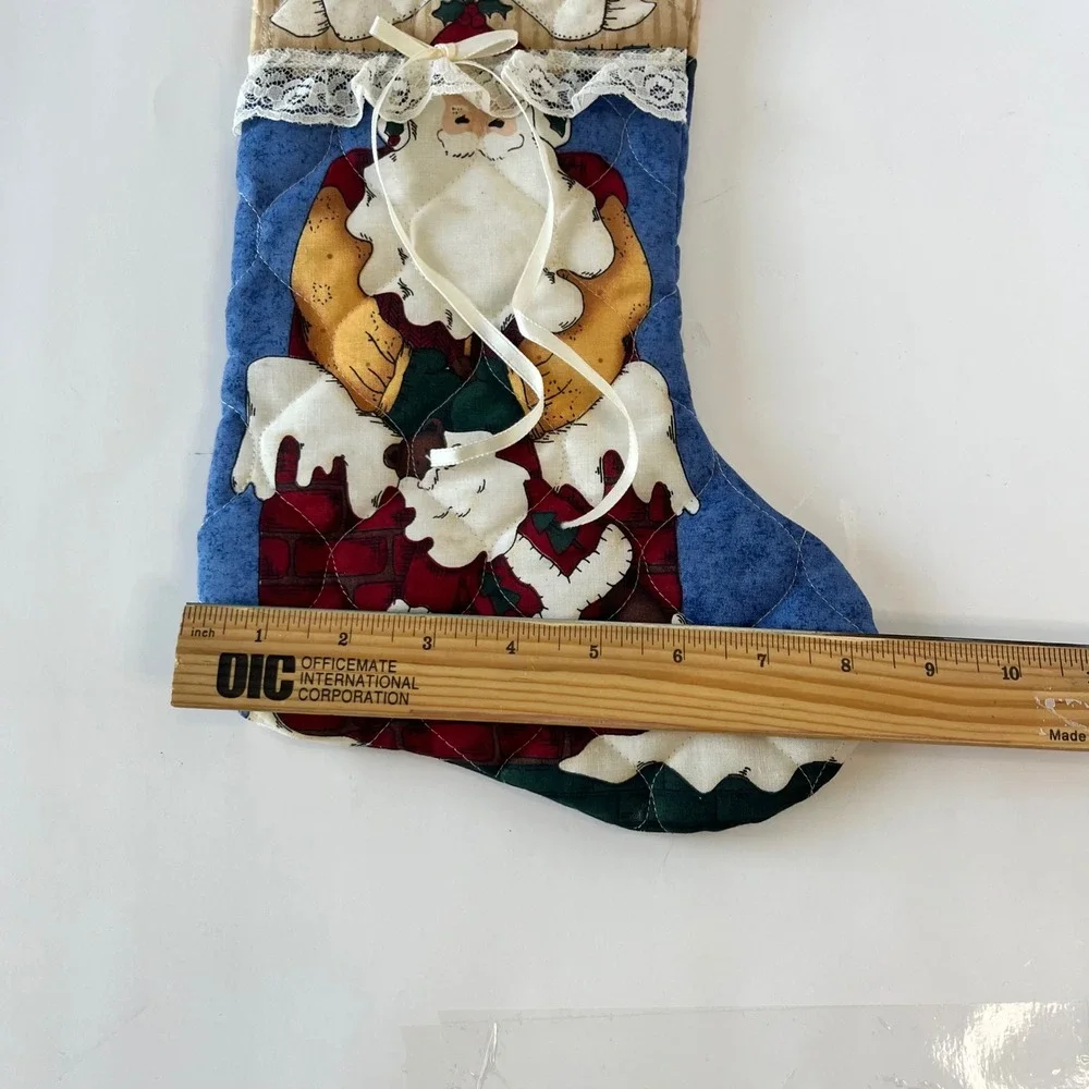 Vintage Quilted Santa Claus Christmas Stocking Lace Trim Victorian Country Decor